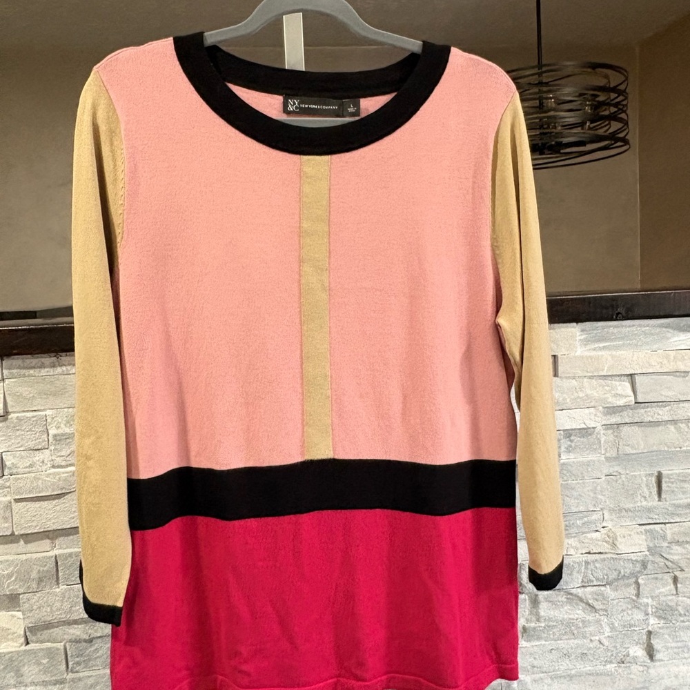 New York & Company Pink, Beige, Black & Red Colorblock Long Sleeve Top